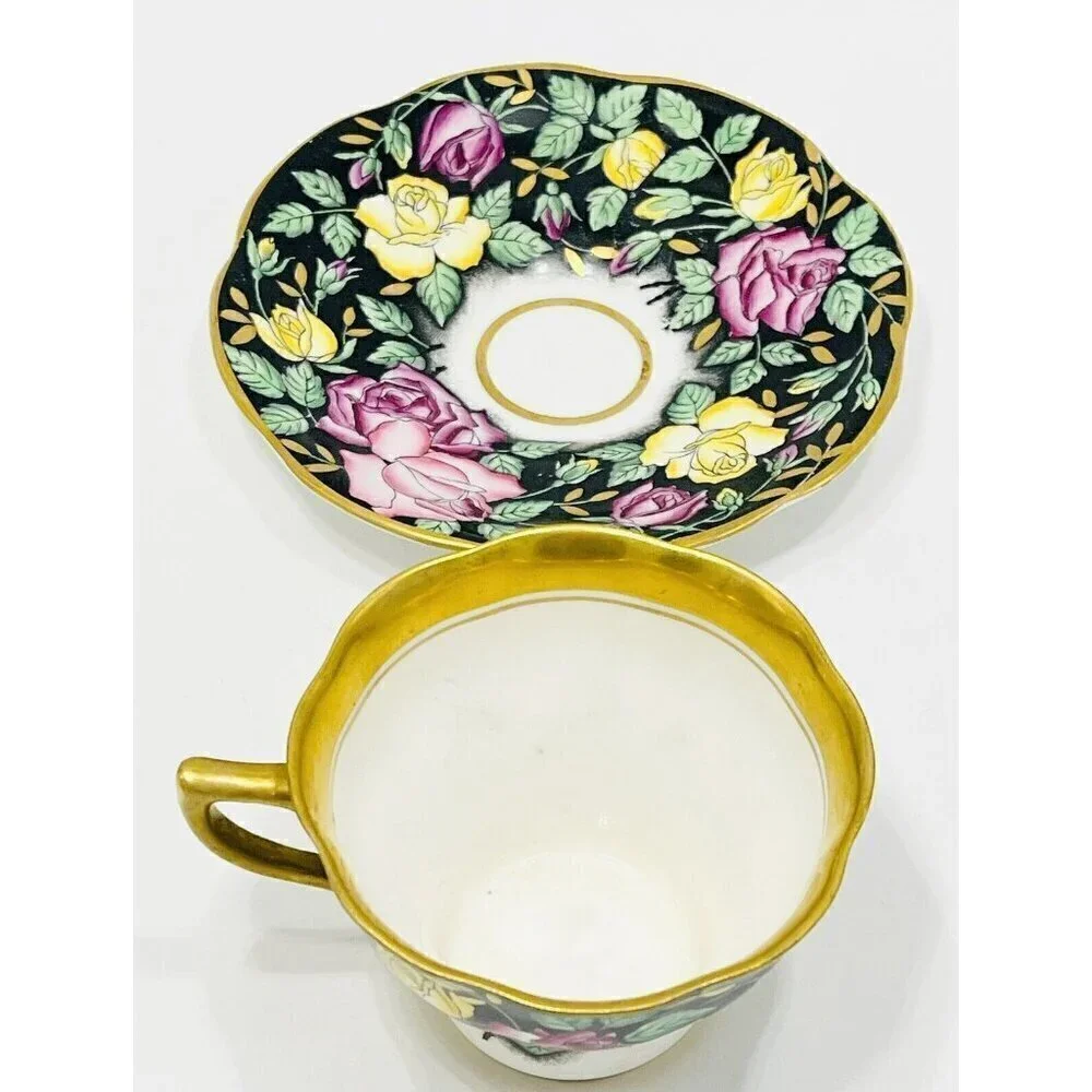Vintage Rosina Pink & Yellow Roses Black & Gold Tea Cup & Saucer 4861 Bone China